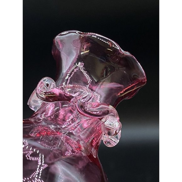 Hand Blown Pink Applied Clear Decoration Ribbon Swirl Glass Vase 4.5” - Picture 5 of 8